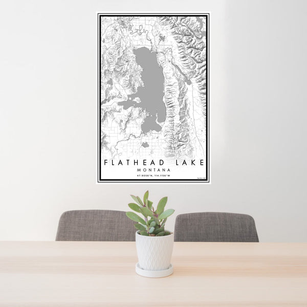 24x36 Flathead Lake Montana Map Print Portrait Orientation in Classic Style Behind 2 Chairs Table and Potted Plant