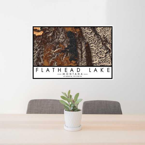 24x36 Flathead Lake Montana Map Print Lanscape Orientation in Ember Style Behind 2 Chairs Table and Potted Plant