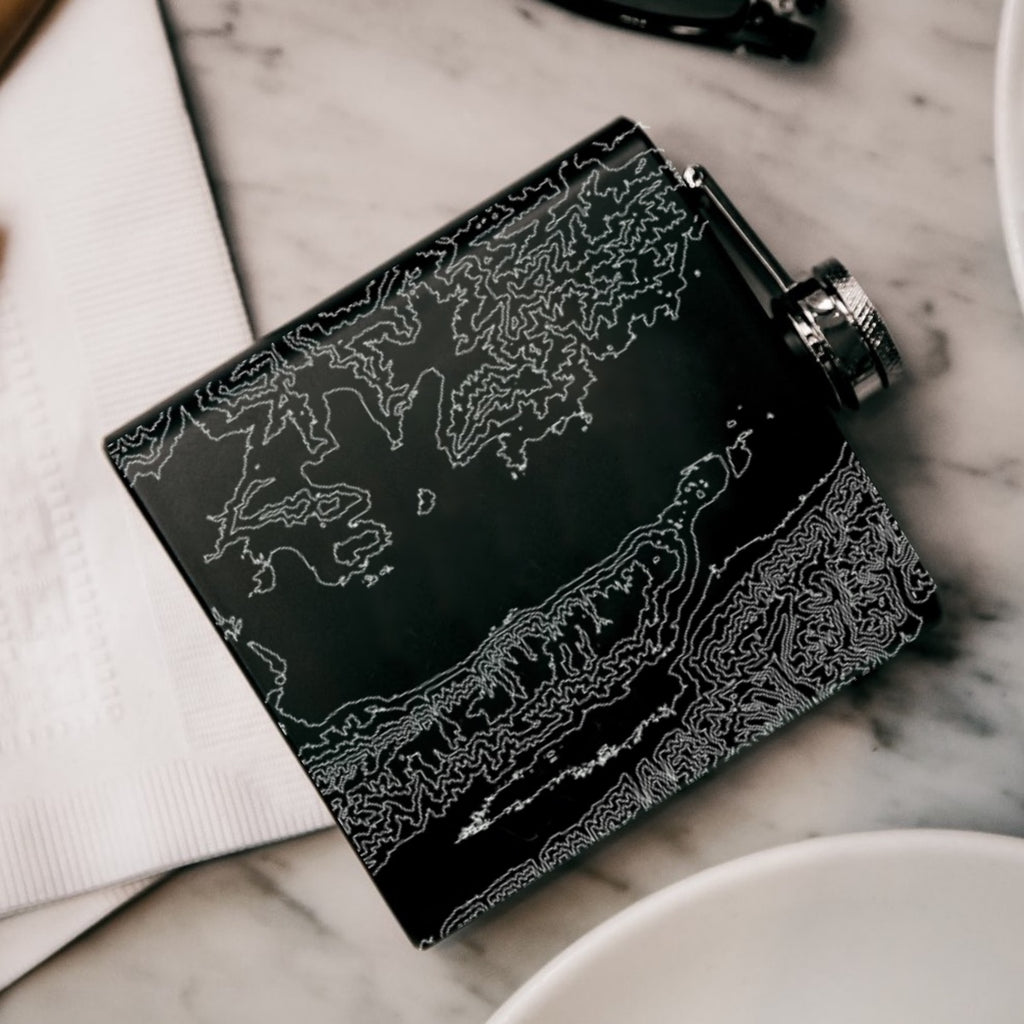 Flathead Lake Montana Custom Engraved City Map Inscription Coordinates on 6oz Stainless Steel Flask in Black
