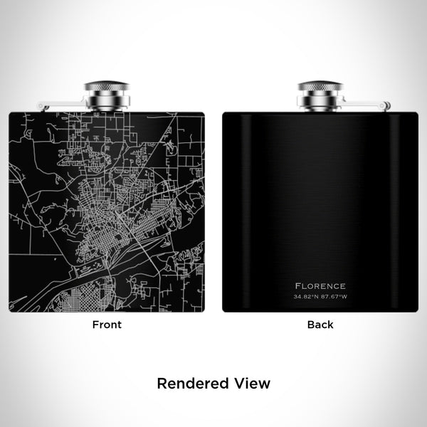 Rendered View of Florence Alabama Map Engraving on 6oz Stainless Steel Flask in Black