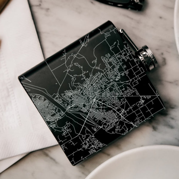 Florence Alabama Custom Engraved City Map Inscription Coordinates on 6oz Stainless Steel Flask in Black