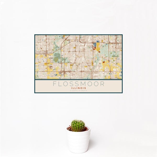 12x18 Flossmoor Illinois Map Print Landscape Orientation in Woodblock Style With Small Cactus Plant in White Planter
