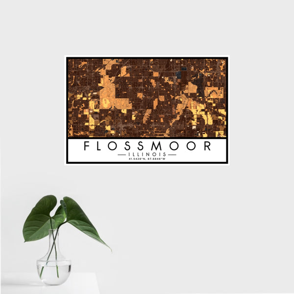 16x24 Flossmoor Illinois Map Print Landscape Orientation in Ember Style With Tropical Plant Leaves in Water