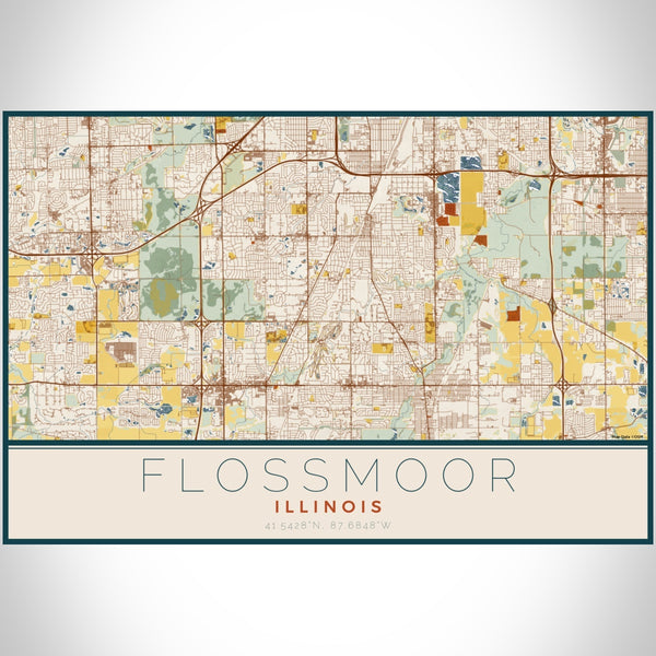 Flossmoor Illinois Map Print Landscape Orientation in Woodblock Style With Shaded Background