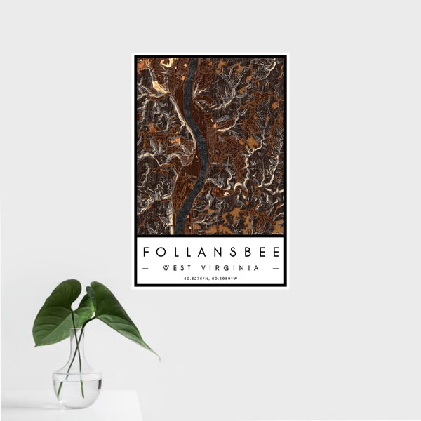 16x24 Follansbee West Virginia Map Print Portrait Orientation in Ember Style With Tropical Plant Leaves in Water