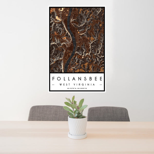 24x36 Follansbee West Virginia Map Print Portrait Orientation in Ember Style Behind 2 Chairs Table and Potted Plant