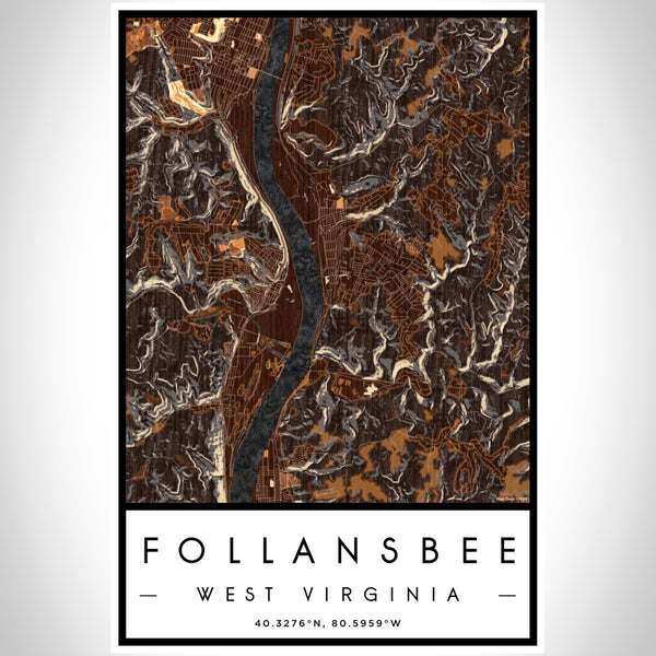 Follansbee West Virginia Map Print Portrait Orientation in Ember Style With Shaded Background