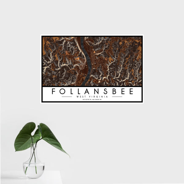 16x24 Follansbee West Virginia Map Print Landscape Orientation in Ember Style With Tropical Plant Leaves in Water