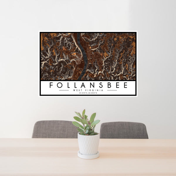 24x36 Follansbee West Virginia Map Print Landscape Orientation in Ember Style Behind 2 Chairs Table and Potted Plant