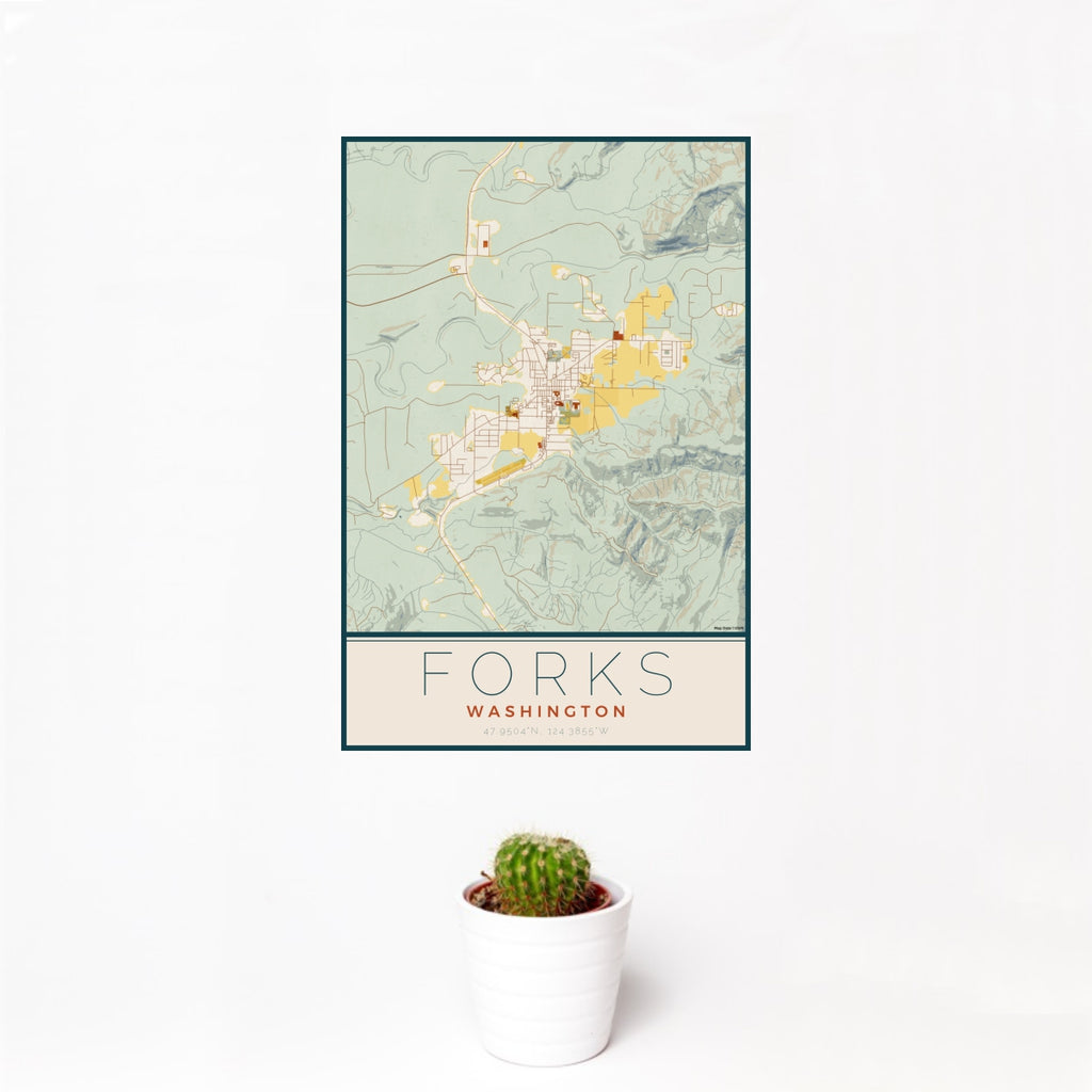 12x18 Forks Washington Map Print Portrait Orientation in Woodblock Style With Small Cactus Plant in White Planter