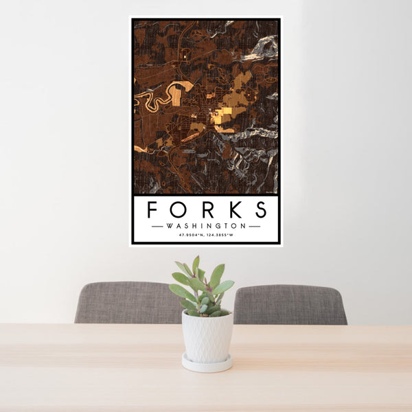 24x36 Forks Washington Map Print Portrait Orientation in Ember Style Behind 2 Chairs Table and Potted Plant