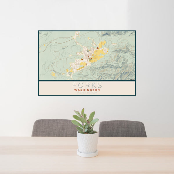 24x36 Forks Washington Map Print Lanscape Orientation in Woodblock Style Behind 2 Chairs Table and Potted Plant