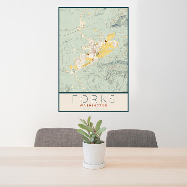 24x36 Forks Washington Map Print Portrait Orientation in Woodblock Style Behind 2 Chairs Table and Potted Plant
