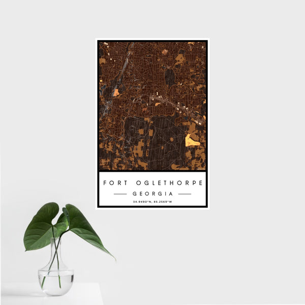 16x24 Fort Oglethorpe Georgia Map Print Portrait Orientation in Ember Style With Tropical Plant Leaves in Water