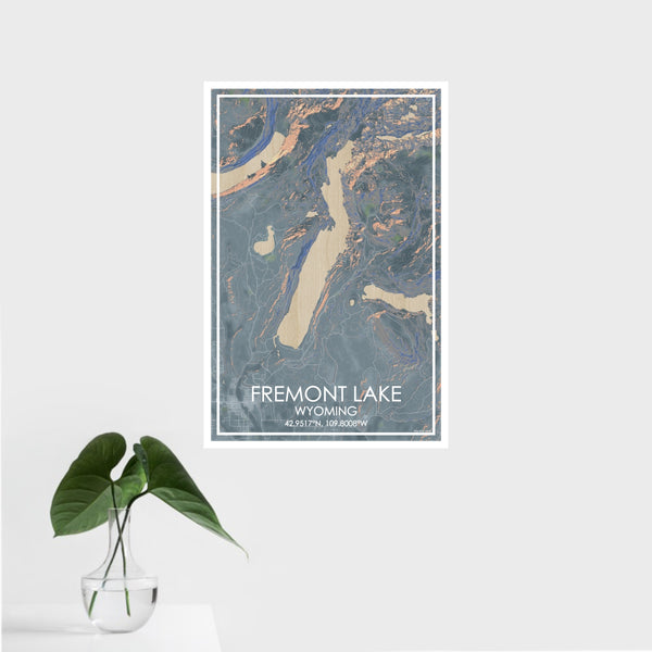 16x24 Fremont Lake Wyoming Map Print Portrait Orientation in Afternoon Style With Tropical Plant Leaves in Water