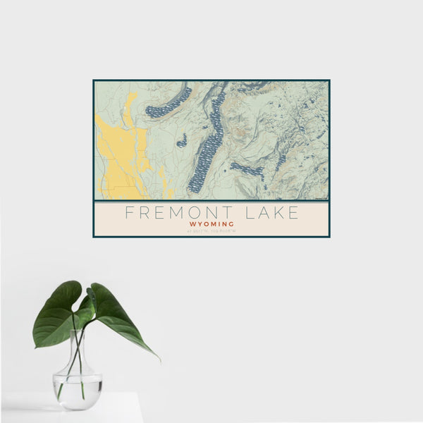 16x24 Fremont Lake Wyoming Map Print Landscape Orientation in Woodblock Style With Tropical Plant Leaves in Water