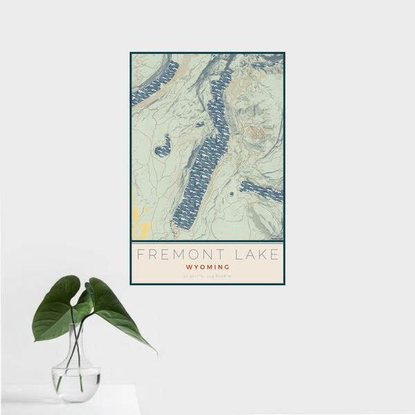 16x24 Fremont Lake Wyoming Map Print Portrait Orientation in Woodblock Style With Tropical Plant Leaves in Water