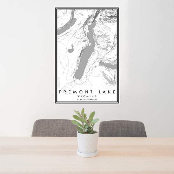 24x36 Fremont Lake Wyoming Map Print Portrait Orientation in Classic Style Behind 2 Chairs Table and Potted Plant