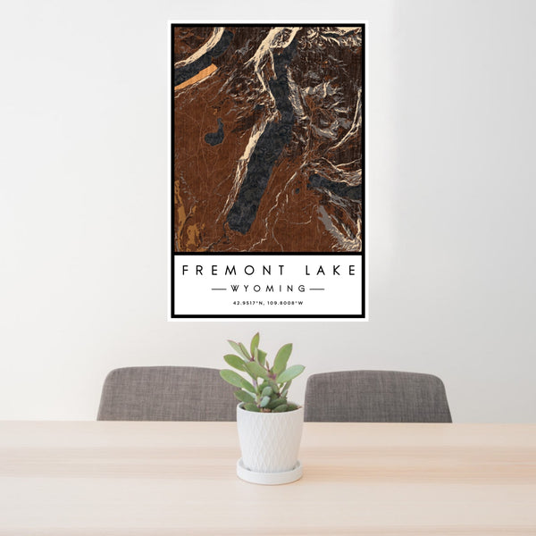 24x36 Fremont Lake Wyoming Map Print Portrait Orientation in Ember Style Behind 2 Chairs Table and Potted Plant