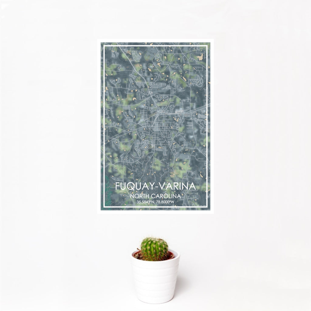 12x18 Fuquay-Varina North Carolina Map Print Portrait Orientation in Afternoon Style With Small Cactus Plant in White Planter