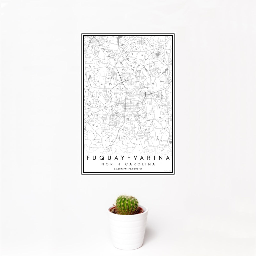 12x18 Fuquay-Varina North Carolina Map Print Portrait Orientation in Classic Style With Small Cactus Plant in White Planter