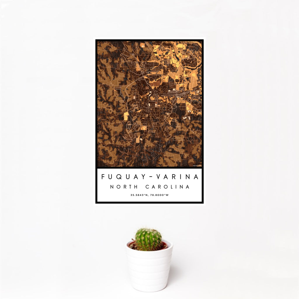 12x18 Fuquay-Varina North Carolina Map Print Portrait Orientation in Ember Style With Small Cactus Plant in White Planter
