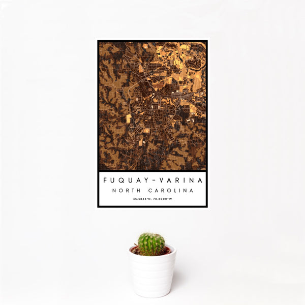 12x18 Fuquay-Varina North Carolina Map Print Portrait Orientation in Ember Style With Small Cactus Plant in White Planter