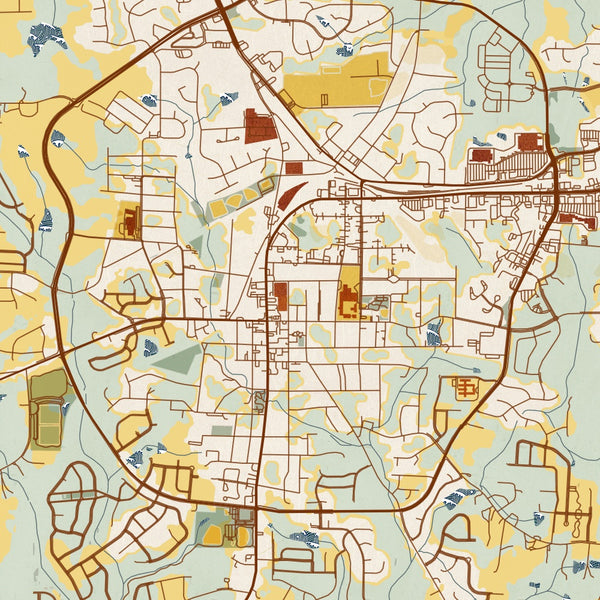 Fuquay-Varina North Carolina Map Print in Woodblock Style Zoomed In Close Up Showing Details