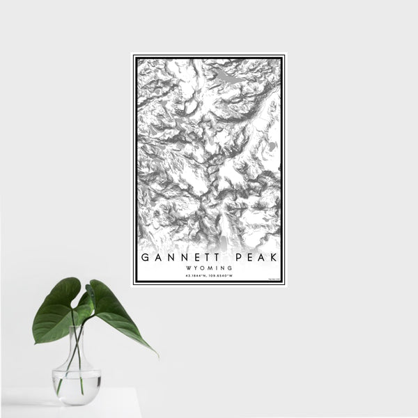 16x24 Gannett Peak Wyoming Map Print Portrait Orientation in Classic Style With Tropical Plant Leaves in Water
