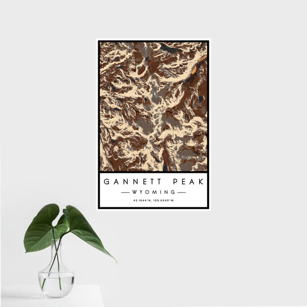 16x24 Gannett Peak Wyoming Map Print Portrait Orientation in Ember Style With Tropical Plant Leaves in Water