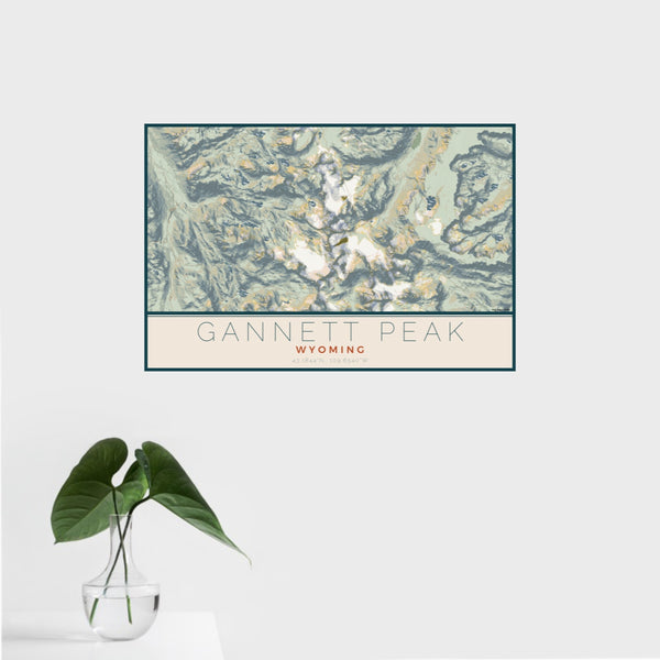 16x24 Gannett Peak Wyoming Map Print Landscape Orientation in Woodblock Style With Tropical Plant Leaves in Water