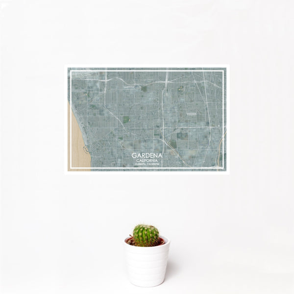 12x18 Gardena California Map Print Landscape Orientation in Afternoon Style With Small Cactus Plant in White Planter