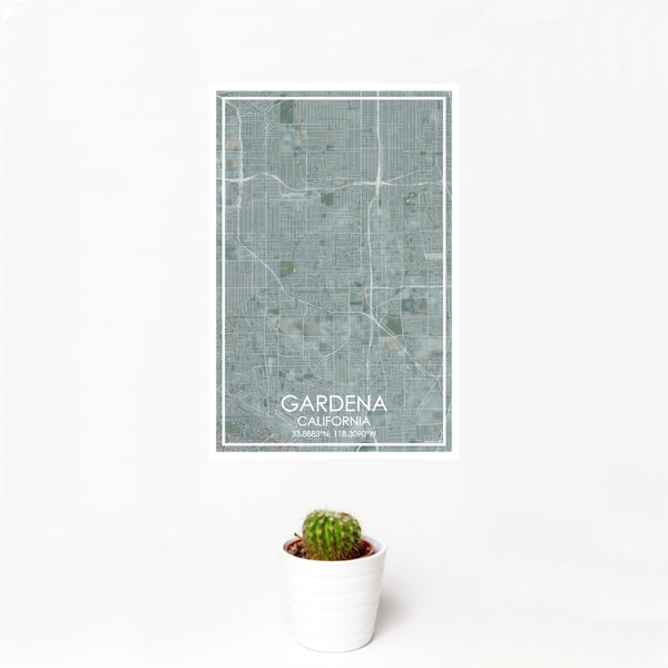 12x18 Gardena California Map Print Portrait Orientation in Afternoon Style With Small Cactus Plant in White Planter