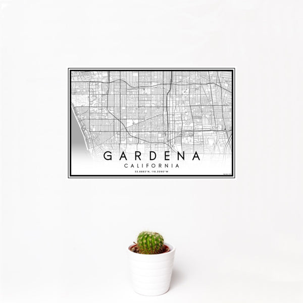 12x18 Gardena California Map Print Landscape Orientation in Classic Style With Small Cactus Plant in White Planter