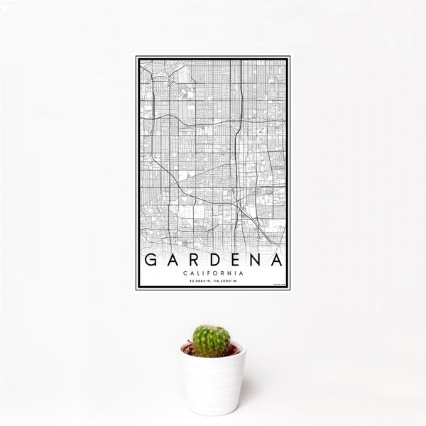 12x18 Gardena California Map Print Portrait Orientation in Classic Style With Small Cactus Plant in White Planter