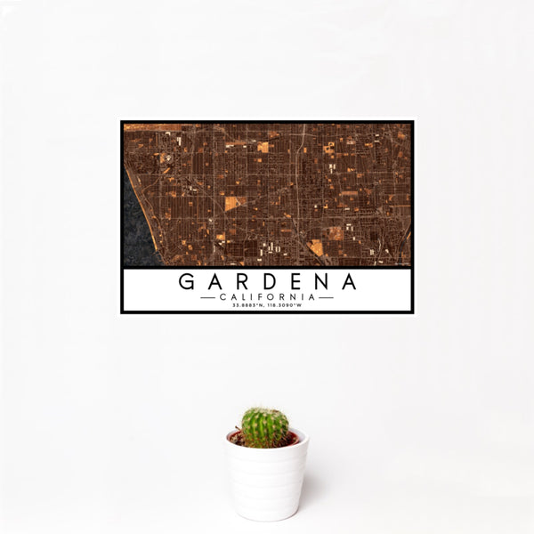 12x18 Gardena California Map Print Landscape Orientation in Ember Style With Small Cactus Plant in White Planter