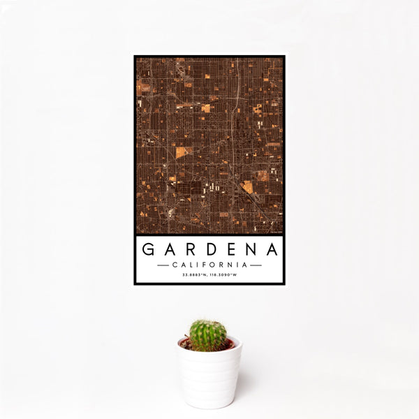 12x18 Gardena California Map Print Portrait Orientation in Ember Style With Small Cactus Plant in White Planter