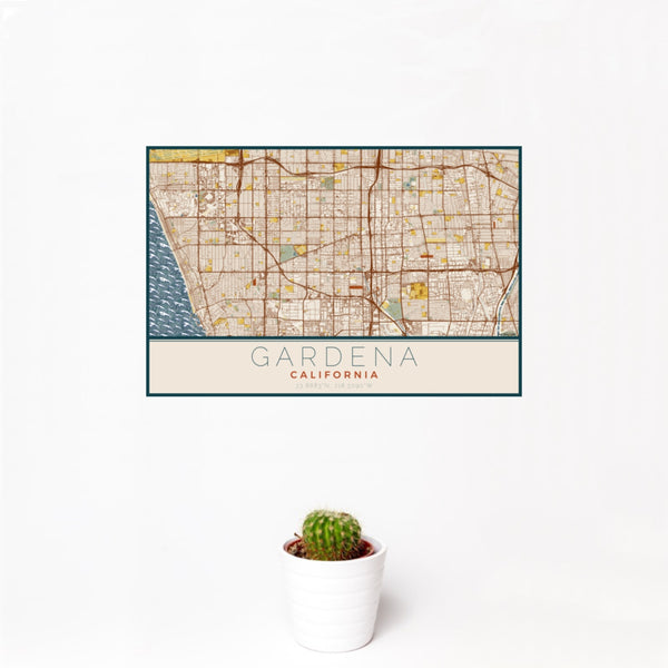 12x18 Gardena California Map Print Landscape Orientation in Woodblock Style With Small Cactus Plant in White Planter