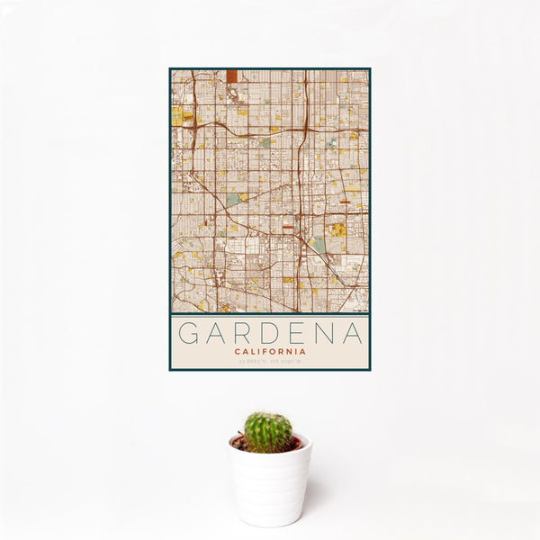 12x18 Gardena California Map Print Portrait Orientation in Woodblock Style With Small Cactus Plant in White Planter