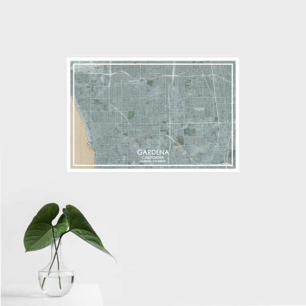 16x24 Gardena California Map Print Landscape Orientation in Afternoon Style With Tropical Plant Leaves in Water