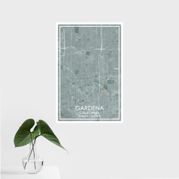 16x24 Gardena California Map Print Portrait Orientation in Afternoon Style With Tropical Plant Leaves in Water