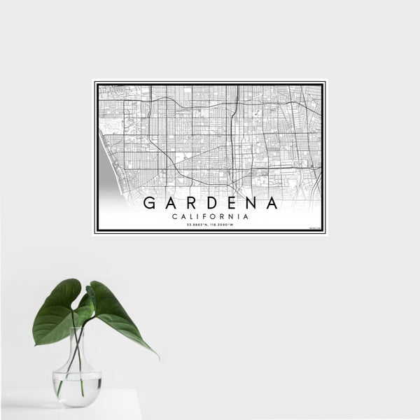 16x24 Gardena California Map Print Landscape Orientation in Classic Style With Tropical Plant Leaves in Water