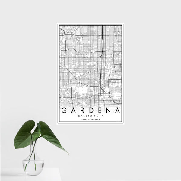 16x24 Gardena California Map Print Portrait Orientation in Classic Style With Tropical Plant Leaves in Water