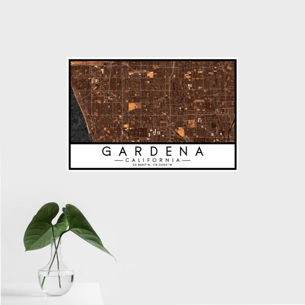 16x24 Gardena California Map Print Landscape Orientation in Ember Style With Tropical Plant Leaves in Water