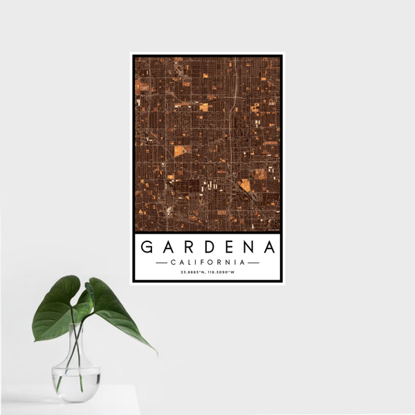 16x24 Gardena California Map Print Portrait Orientation in Ember Style With Tropical Plant Leaves in Water