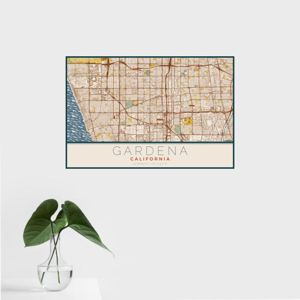 16x24 Gardena California Map Print Landscape Orientation in Woodblock Style With Tropical Plant Leaves in Water