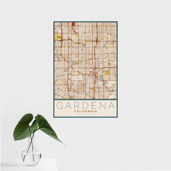 16x24 Gardena California Map Print Portrait Orientation in Woodblock Style With Tropical Plant Leaves in Water