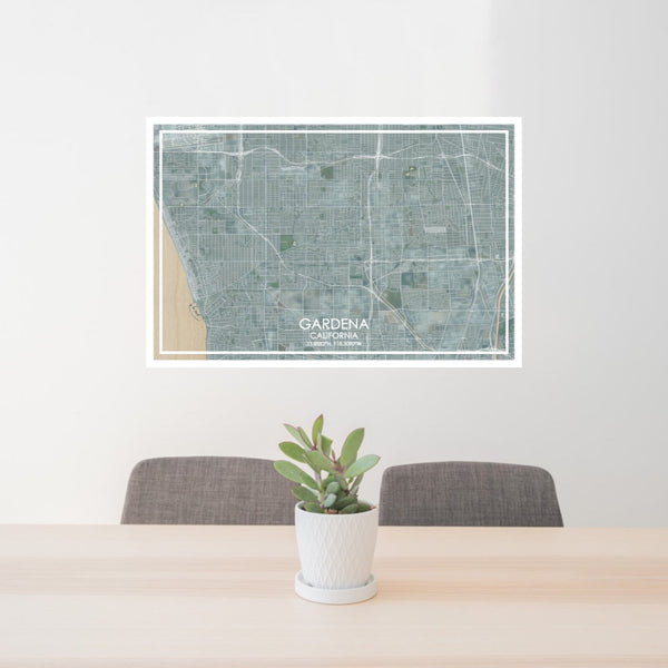 24x36 Gardena California Map Print Lanscape Orientation in Afternoon Style Behind 2 Chairs Table and Potted Plant