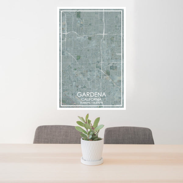 24x36 Gardena California Map Print Portrait Orientation in Afternoon Style Behind 2 Chairs Table and Potted Plant