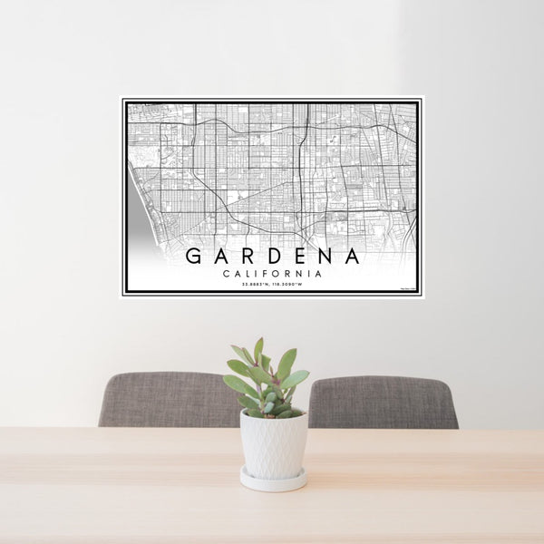 24x36 Gardena California Map Print Lanscape Orientation in Classic Style Behind 2 Chairs Table and Potted Plant